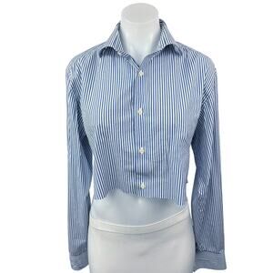 Reiss Blue White Striped Button Up Collar Long Sleeve Crop Shirt Blouse Top Sz L
